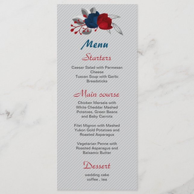 Menu casamento botânico com flores azuis vermelhas e ma (Frente)