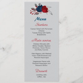 Menu casamento botânico com flores azuis vermelhas e ma