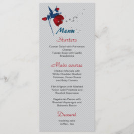 Menu casamento botânico com flores azuis vermelhas e ma