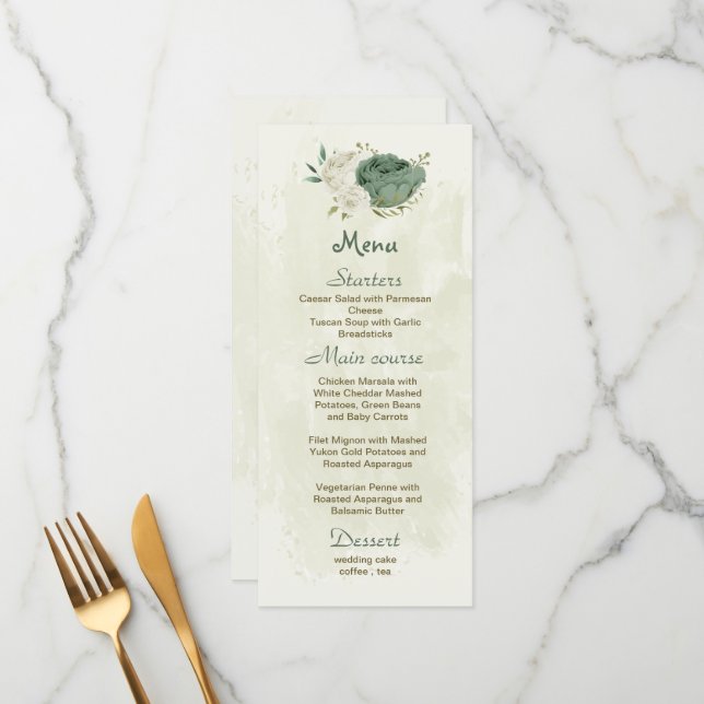 Menu casamento botânico com flores brancas sage (Frente/Verso In Situ)