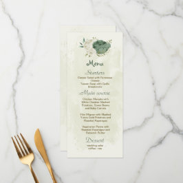 Menu casamento botânico com flores brancas sage