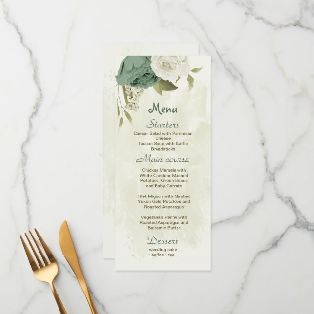 Menu casamento botânico com flores brancas sage (Frente/Verso In Situ)