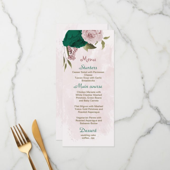 Menu casamento botânico com flores cor-de-rosa esmerald (Frente/Verso In Situ)