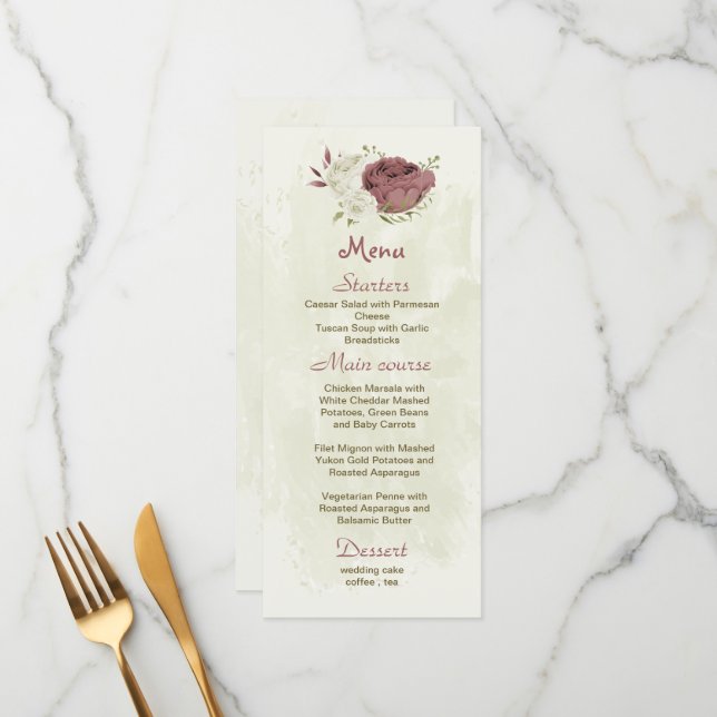Menu casamento botânico com flores rosa brancas poeiren (Frente/Verso In Situ)