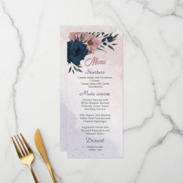 Menu casamento botânico com flores rosa e marinhos