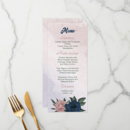 Menu casamento botânico com flores rosa e marinhos
