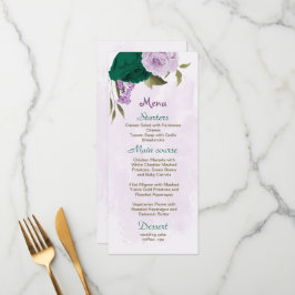 Menu casamento botânico com flores roxas esmeraldas
