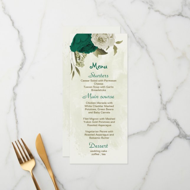 Menu casamento botânico com flores verdes esmeraldas (Frente/Verso In Situ)