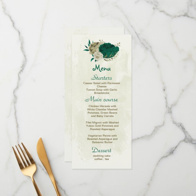 Menu casamento botânico com flores verdes esmeraldas (Frente/Verso In Situ)
