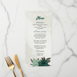Menu casamento botânico com flores verdes esmeraldas
