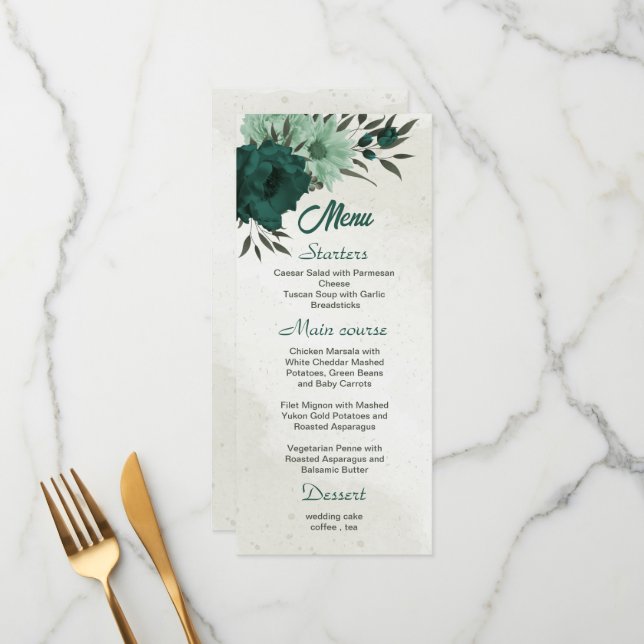 Menu casamento botânico com flores verdes esmeraldas (Frente/Verso In Situ)