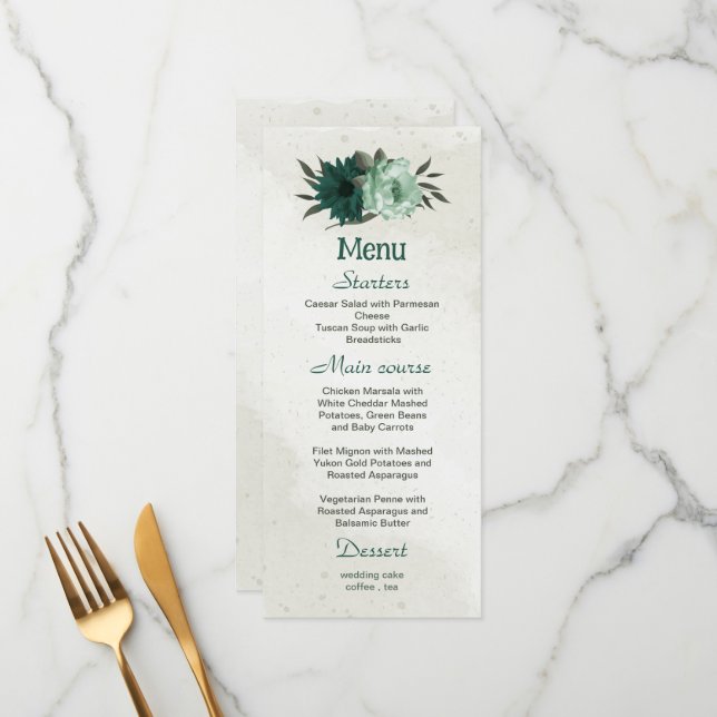 Menu casamento botânico com flores verdes esmeraldas (Frente/Verso In Situ)