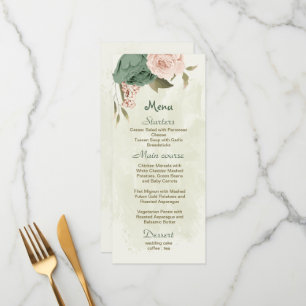 Menu casamento botânico com flores verdes sage blush