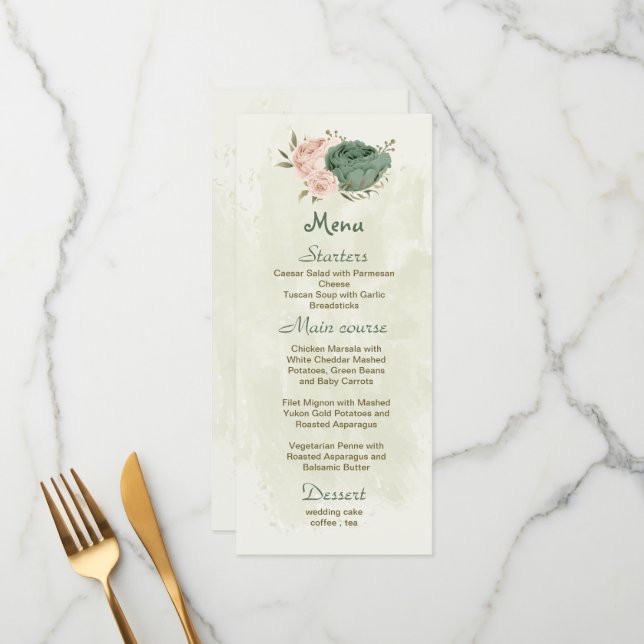 Menu casamento botânico com flores verdes sage blush (Frente/Verso In Situ)