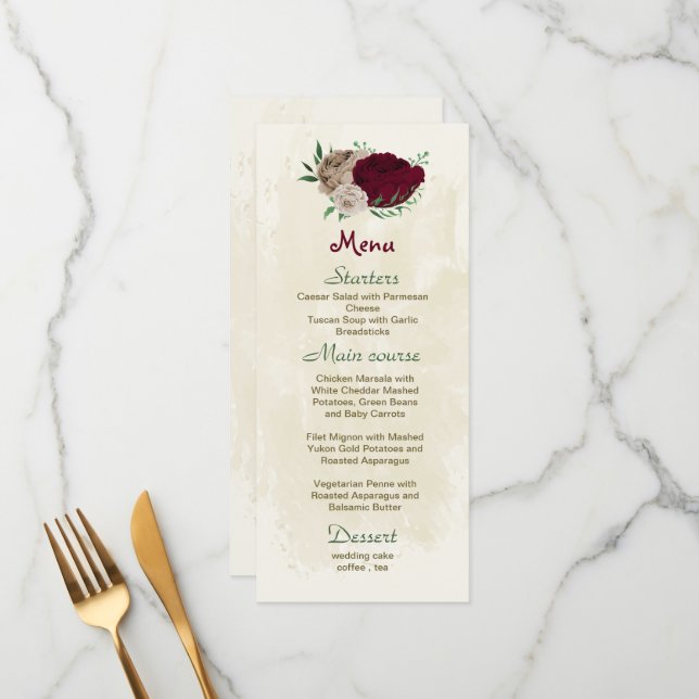 Menu Casamento botânico de champanhe de borgonha (Frente/Verso In Situ)