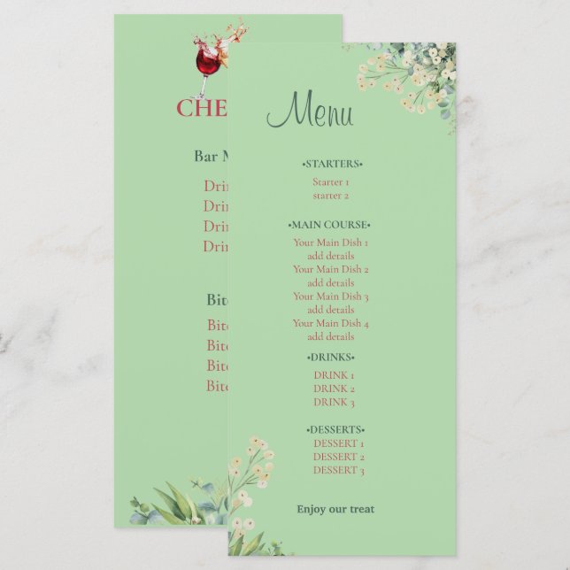 Menu Casamento Botânico de Eucalipto e Florais Brancas (Frente/Verso)