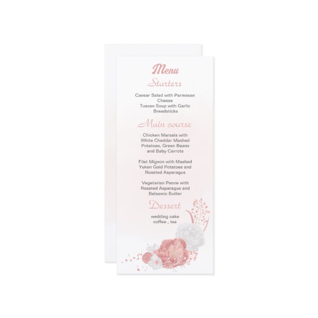Menu casamento botânico de flores rosa e brancas (Frente/Verso In Situ)