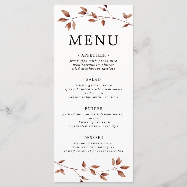 Menu Casamento Botânico de Folhas Mínimas Simples (Frente)