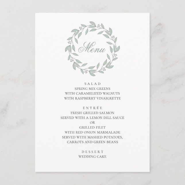 Menu Casamento botânico de hortelã. Folhagem simples e  (Frente)