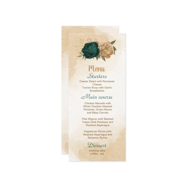 Menu Casamento botânico de ouro verde-esmeralda (Frente/Verso In Situ)