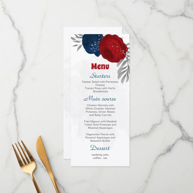 Menu casamento botânico de prata com flores azuis e mar (Frente/Verso In Situ)