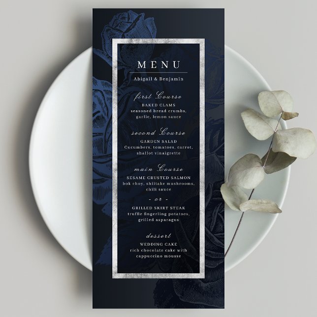 Menu Casamento botânico de prata-marinho Luxe (Luxe rose navy silver vintage botanical wedding menu)