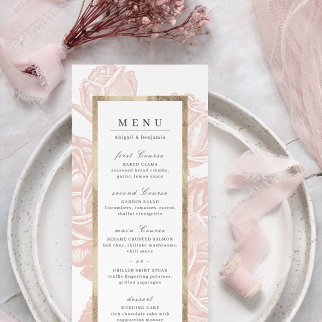 Menu Casamento botânico de rosa de luxo (Luxe rose blush gold vintage botanical wedding menu)