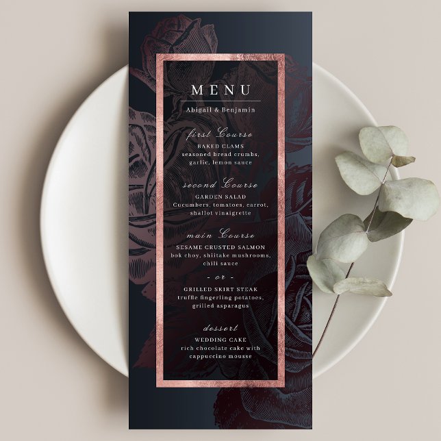 Menu Casamento botânico de rosa de luxo (Luxe rose gold moody vintage botanical wedding menu)