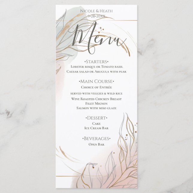 Menu Casamento Botânico de Sabugueiro Dourado e Rosa (Frente)