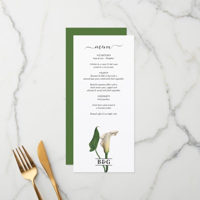Menu Casamento Botânico Elegante Calla Lily Green (Frente/Verso In Situ)
