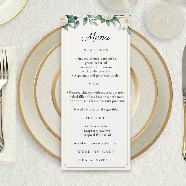Menu Casamento Botânico Elegante com Floral Branco em A (A wedding menu card with white flowers, greenery, faux gold border, script title and custom text)