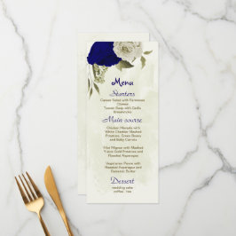 Menu casamento botânico entre flores azuis e beges