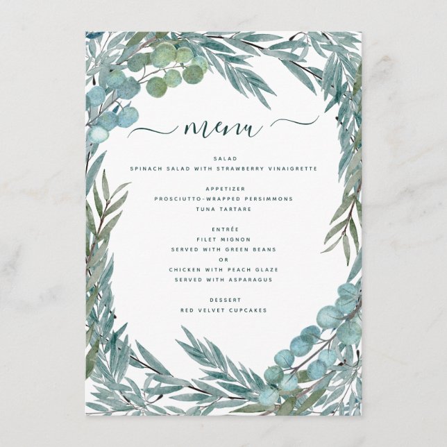 Menu Casamento Botânico Eucalyptus Greenery Watercolor (Frente)