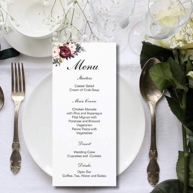 Menu Casamento Botânico Floral Floral do Creme do Marin (Burgundy Navy Blue Cream Floral Botanical Watercolor Wedding Menu)