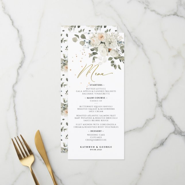 Menu Casamento Botânico Floral Pálido Aquarela (Frente/Verso In Situ)