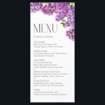 Menu Casamento Botânico Flores Aquáticas<br><div class="desc">Adicione um sotaque floral à sua capa de tabela de eventos com este cartão de menu personalizável. Apresenta flores lilás de aquarela e tipografia moderna. Personalize adicionando a data e a escolha da refeição. Este cartão floral é perfeito para casamentos de primavera, chás de fraldas, chás de panela, aniversários e...</div>
