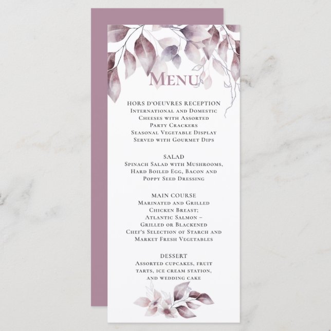 Menu Casamento Botânico Mauve Pink (Frente/Verso)