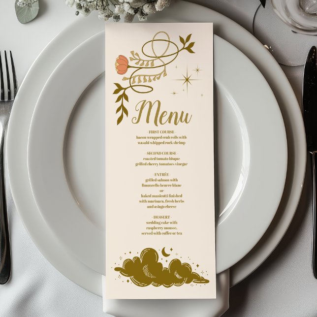 Menu Casamento Botânico Místico em Ouro Vintage (Criador carregado)