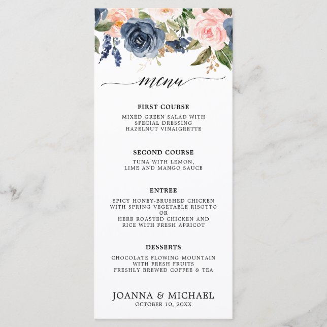 Menu Casamento Botânico Moderno - Florais Rosa-Esbranqu (Frente)