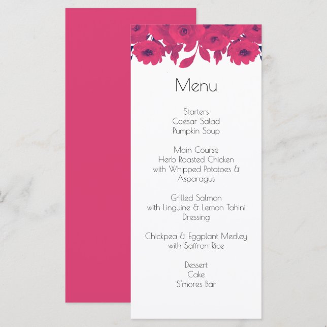 Menu Casamento Botânico Púrpura Escura e Rosa Quente (Frente/Verso)