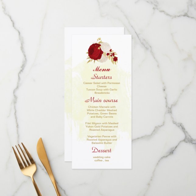 Menu casamento botânico vermelho-escuro e flores branca (Frente/Verso In Situ)
