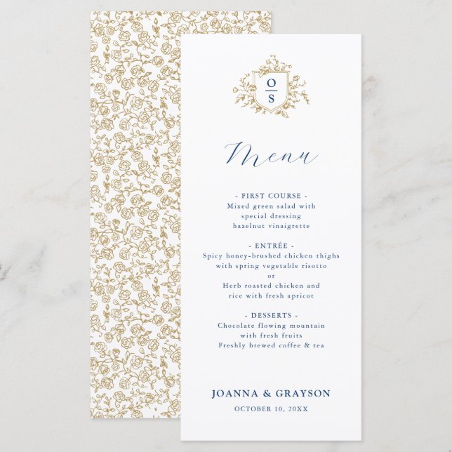 Menu Casamento Botânico Vintage Azul e Dourado (Frente/Verso)
