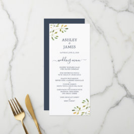 Menu Casamento Branco Azul Escuro de Foliagem Eucalyptu