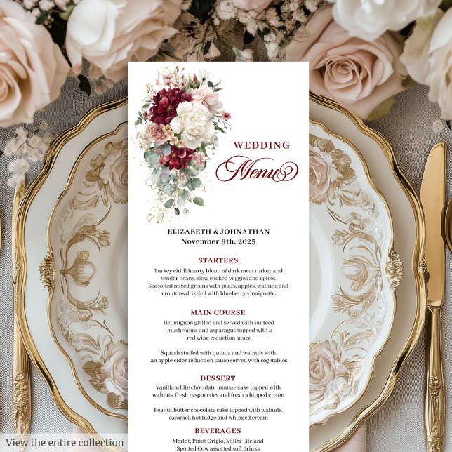 Menu Casamento Branco Boho Burgundy (Watercolor Boho Burgundy White Wedding Menu)
