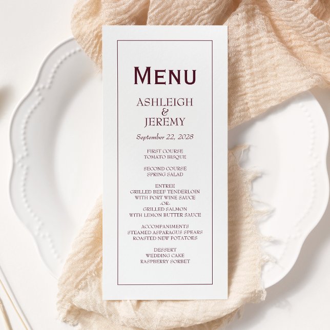 Menu Casamento Branco Burgundy Minimalista Moderno (Criador carregado)