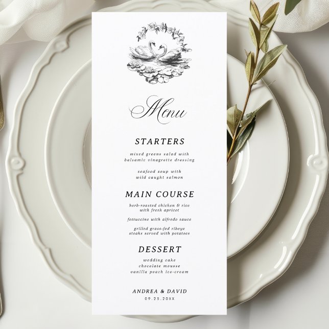 Menu Casamento Branco Cisne Botânico Desenhado à Mão Vi (Criador carregado)