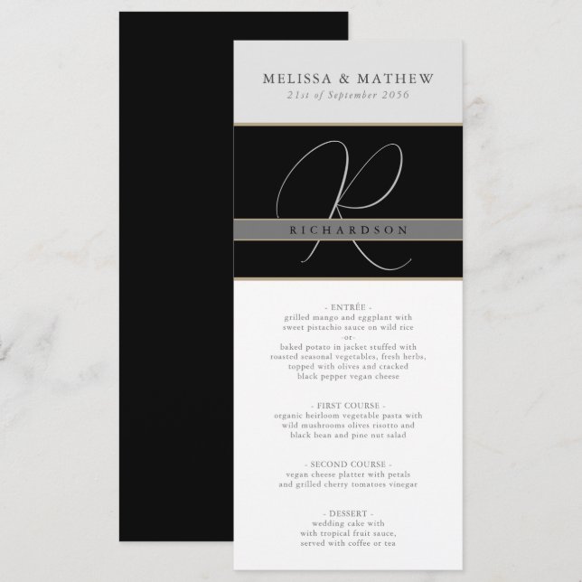 Menu Casamento Branco com Cinzas Negras de Hic Monogram (Frente/Verso)