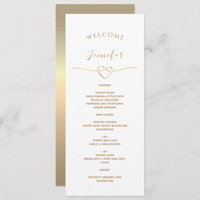 Menu Casamento Branco com Nome e Coração Dourado (Frente/Verso)