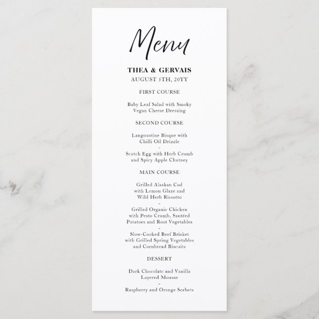 Menu Casamento Branco da Caligrafia de Script Elegante (Frente)