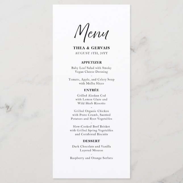 Menu Casamento Branco da Caligrafia de Script Elegante (Frente)
